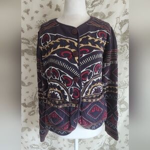 Johnny Was Embroidered sweater Jacket Front Back Aztec Southwest Gray Buttons S